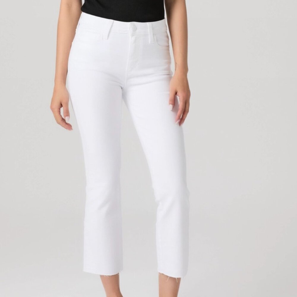 Spring Staple White Denim Paige Cindy Crop Raw Hem Size 26 Straight Leg